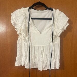 Zara White Ruffled Blouse with Black Tie
